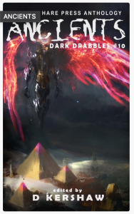 Cover of Ancients anthology showing dark angel and pyramids